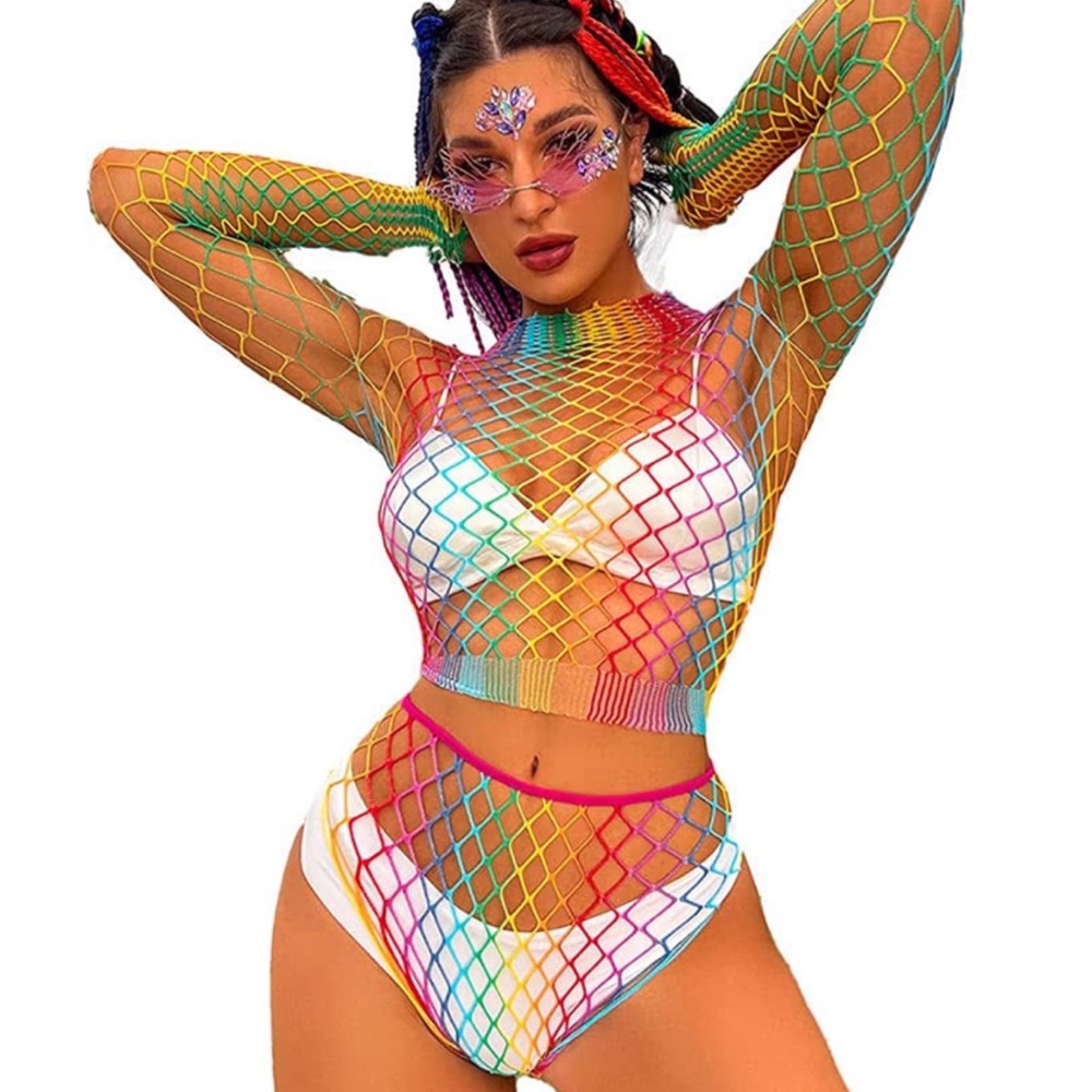❤️SOLD❤️ Rainbow Mesh Fishnet Rave Festival Top Booty Short Outfit Swim Cover - Picture 7 of 11